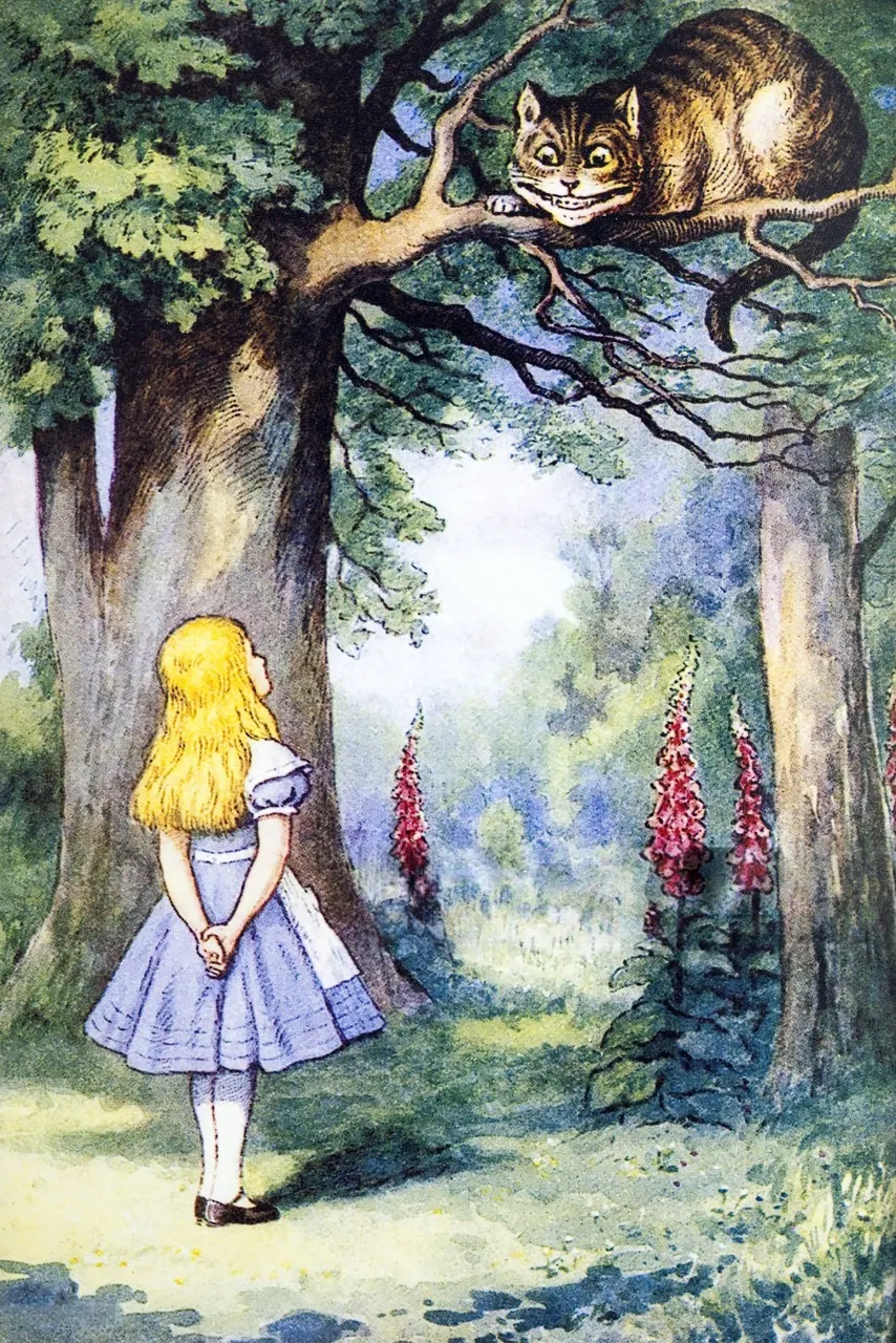 Alice looking up at the Cheshire Cat grinning from a tree branch