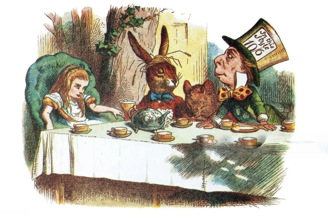 John Tenniel's illustration of the Mad Tea Party: Alice at the table with the March Hare, the Dormouse, and the Hatter