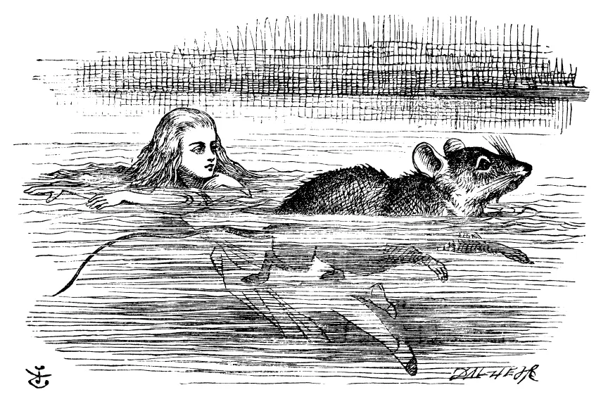 Alice swimming in the pool of her own tears, John Tenniel illustration