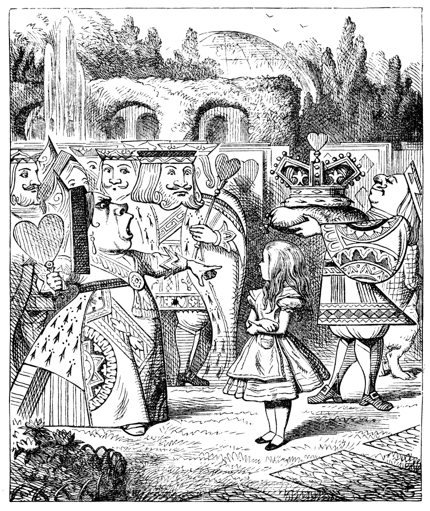 The Queen of Hearts confronting Alice, John Tenniel illustration